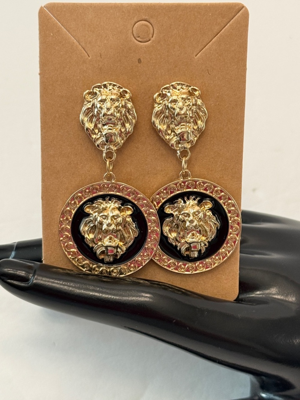 Gold Lion Head Medallion Earrings Black Enamel Statement Drop - Picture 13 of 13
